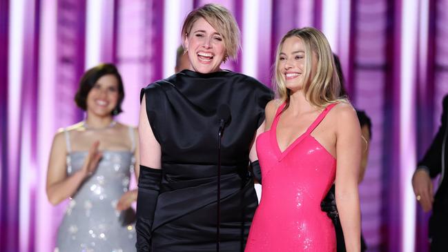 Greta Gerwig and Margot Robbie accept the award for Cinematic and Box Office Achievement for Barbie. Picture: Getty Images