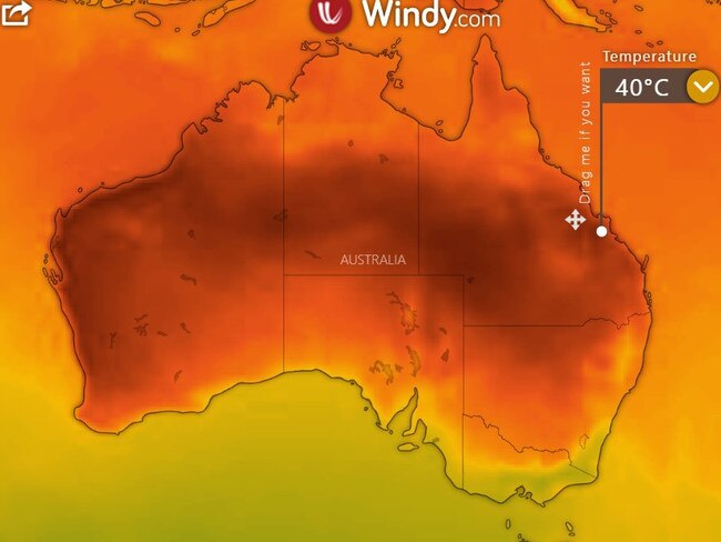 A severe heat wave sweeping Queensland will peak today as record breaking temperatures grip parts of the state. Picture: supplied Windy.com