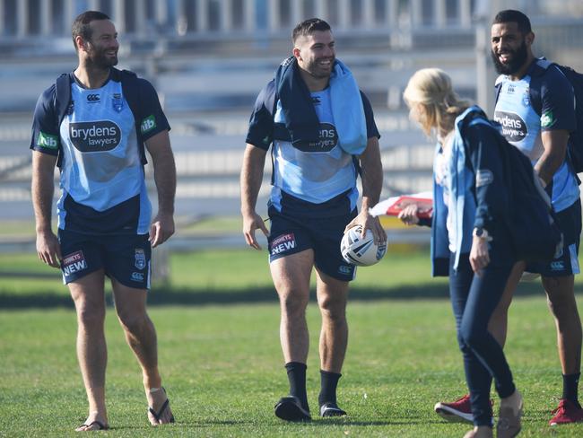 NSW Blues players Boyd Cordner, James Tedesco and Josh Ado-Carr arrive at training. Picture: AAP Image/David Moir