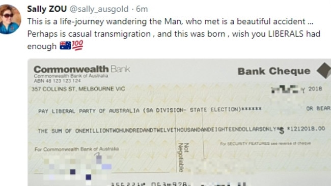 Sally Zou’s tweet of the $1.2million cheque for the Liberals. Picture: Twitter @sally_ausgold