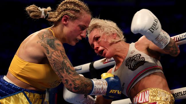 Ebanie Bridges knocks down Shannon O’Connell. (Photo by Nigel Roddis/Getty Images)