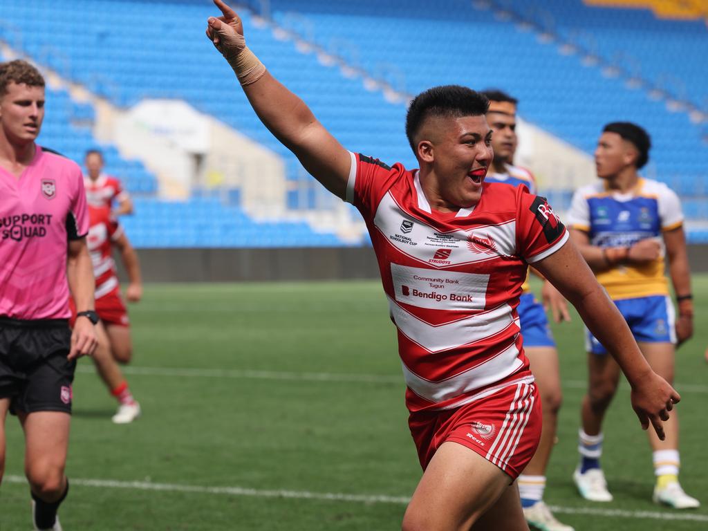 NRL National Schoolboys Cup final at CBUS Stadium between Palm Beach Currumbin and Patrician Blacktown Brothers. PBCs Reuben Tamariki scores.. .Picture Glenn Hampson