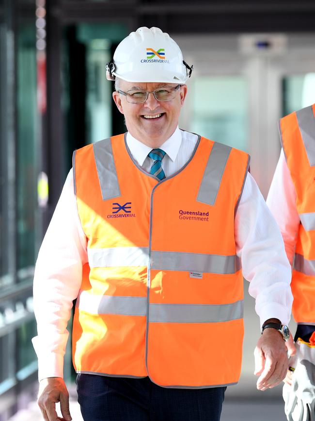 Anthony Albanese visits the Cross River Rail construction site in Woolloongabba, Brisbane in 2012.