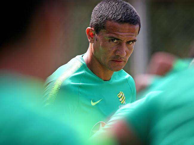 The Caltex Socceroos hold their last training session before departing Turkey for Austria where they will play a friendly against the Czech Republic on Friday. Tim Cahill is a picture of concentration at training. Picture: Toby Zerna