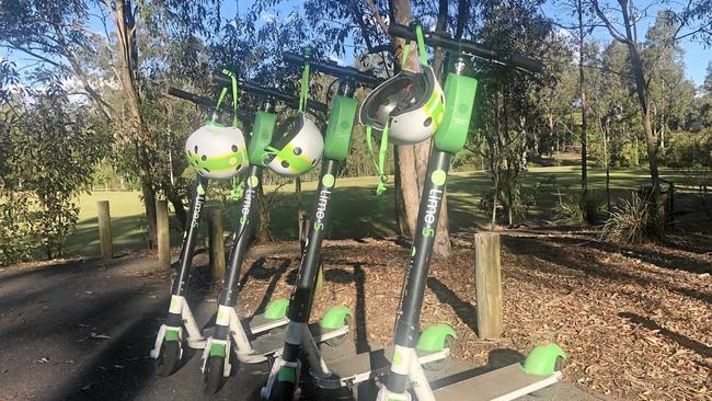 The four Lime scooters were found in Moreton Family Park in Chuwar on Tuesday afternoon. Picture: Lachlan McIvor