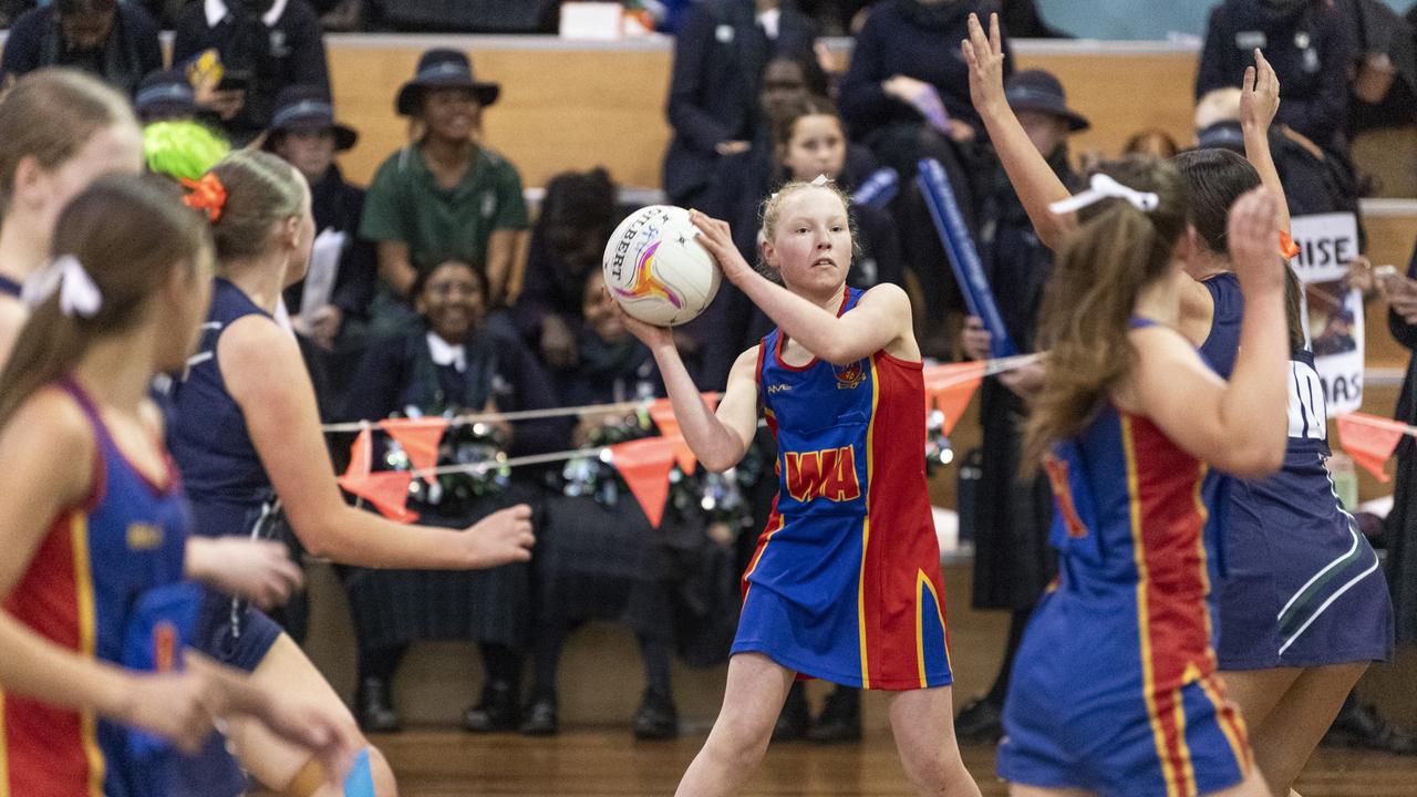 Evie Barker of Downlands Junior B against St Ursula's Junior B in Merici-Chevalier Cup netball at Salo Centre, Friday, July 19, 2024. Picture: Kevin Farmer