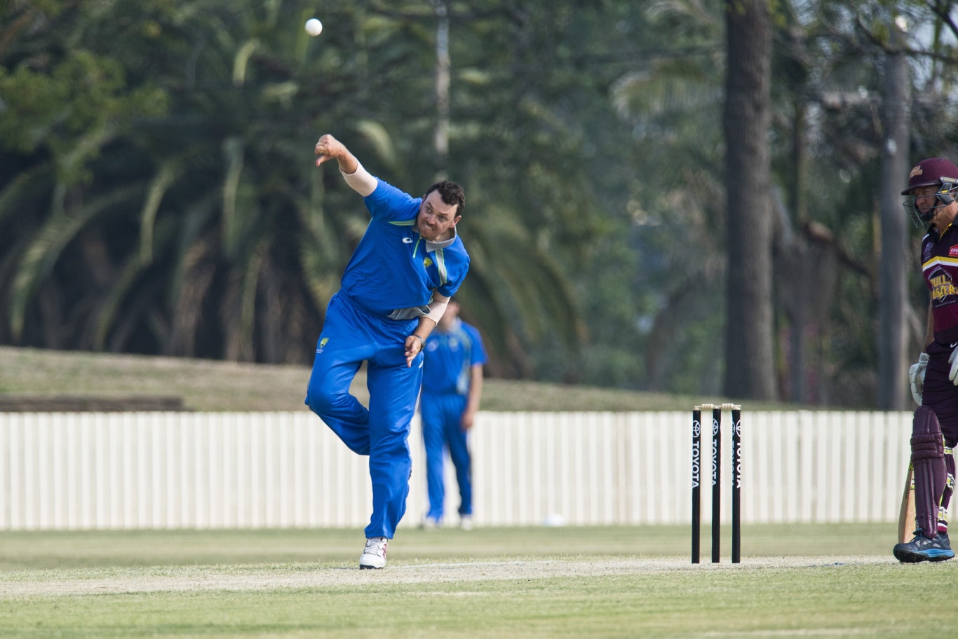 Cameron Brimblecombe of Australian Country XI bowls in the match against the Bulls Masters in Australian Country Cricket Championships exhibition match at Heritage Oval, Sunday, January 5, 2020. Picture: Kevin Farmer