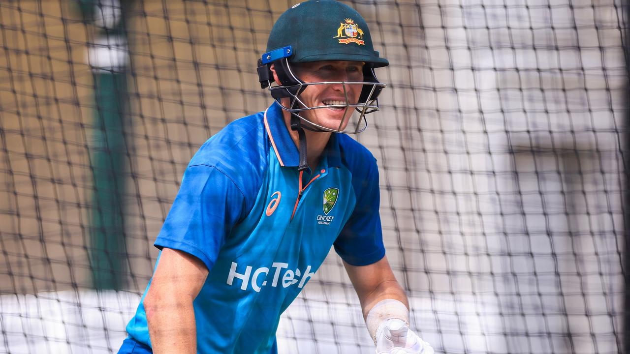 SYDNEY, AUSTRALIA - JANUARY 02: Marnus Labuschagne laughs in the nets during a training session ahead of the Third Test.