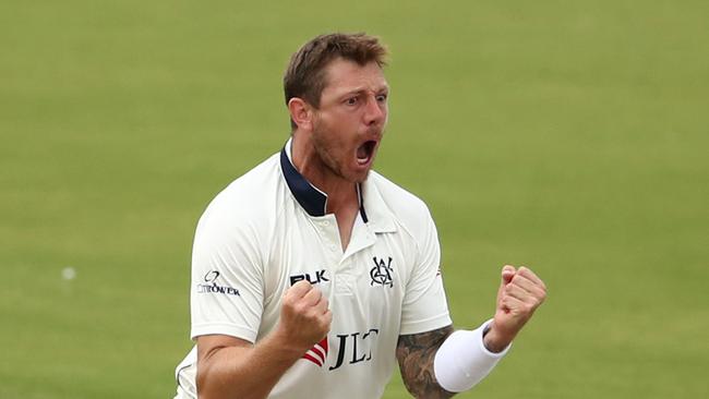 MELBOURNE, AUSTRALIA - MARCH 29: James Pattinson of Victoria celebrates after dismissing Jason Sangha of New South Wales during day two of the Sheffield Shield Final match between Victoria and New South Wales at Junction Oval on March 29, 2019 in Melbourne, Australia. (Photo by Scott Barbour/Getty Images)