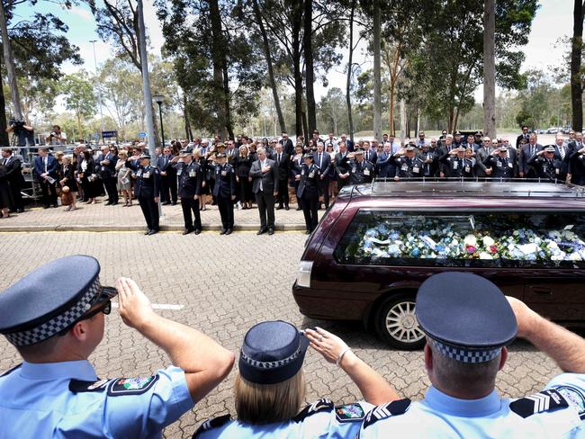 Mourners at the memorial service with full police honours for fallen constables Rachel McCrow and Matthew Arnold at Brisbane Entertainment Centre. Picture: Steve Pohlner