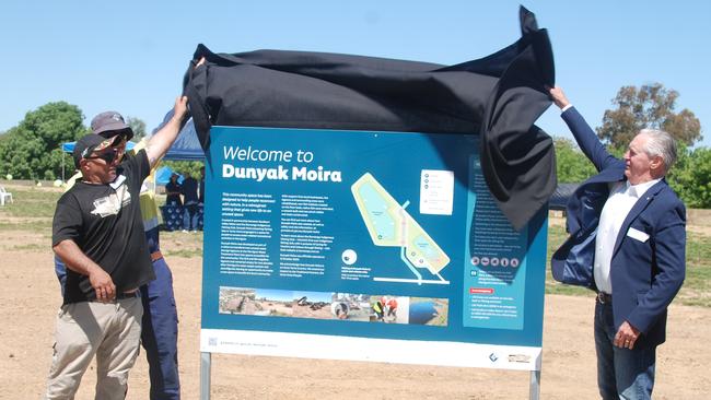 Burnanga Indigenous Fishing Club president Corey Walker, Dunyak Moira site project manager Rick Bertoli and GVW Board chairman Mark Stone open Dunyak Moira. Picture: Supplied