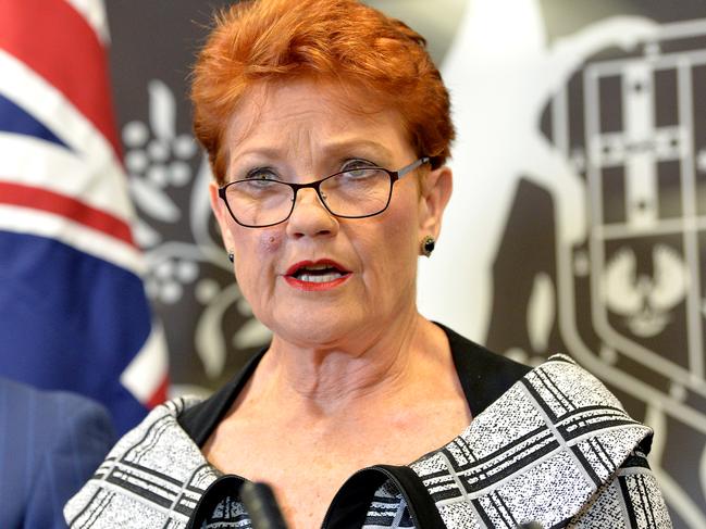 BRISBANE, AUSTRALIA - MARCH 28: One Nation leader Pauline Hanson speaks during a press conference on March 28, 2019 in Brisbane, Australia. Pauline Hanson is under increasing pressure following an undercover investigation by news organisation Al Jazeera, which has released hidden camera footage of Hanson appearing to suggest the 1996 Port Arthur massacre, where a gunman shot and killed 35 people in Tasmania, was a government conspiracy. Other footage from the Al Jazeera investigation show senior One Nation figures James Ashby and Steve Dickson soliciting financial support in the US from the National Rifle Association in a bid to seize the balance of power and weaken Australia's gun laws. (Photo by Bradley Kanaris/Getty Images)