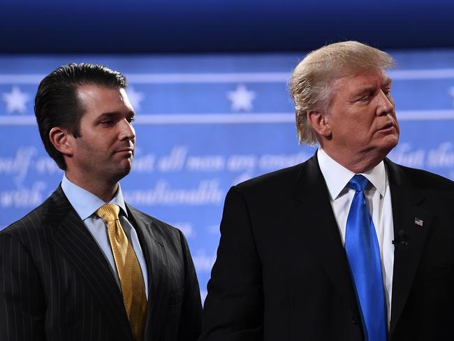Donald Trump Jr stands with his father Donald Trump after the first presidential debate at Hofstra University in Hempstead, New York. Picture: AFP/Jewel Samad