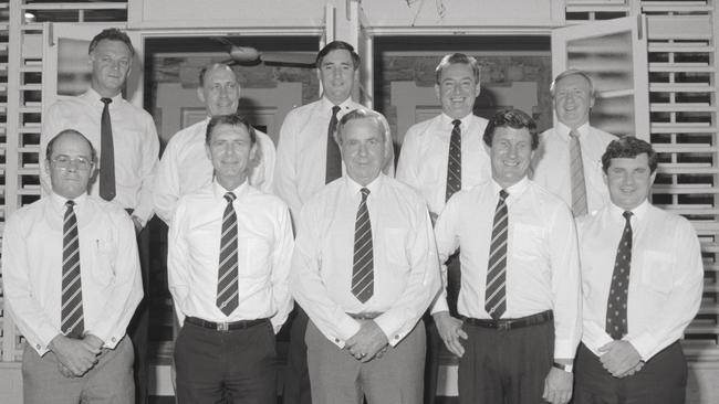 CLP Cabinet 1992 – Northern Territory Cabinet 1992: Back left to front right: Steve Hatton, Max Ortmann, Mike Reed, Daryl Manzie, Fred Finch, Roger Vale, Marshall Perron, Administrator Justice James Muirhead, Barry Coulter, Shane Stone