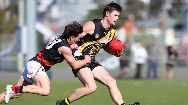 Ben Donnelly Tigers and Oscar Mansell North Launceston. TSL grand final Kingborough Tigers V North Launceston. Picture: Nikki Davis-Jones