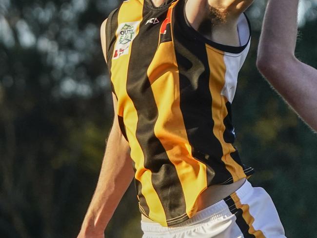 Outer East Premier Division fooball: Narre Warren v Upwey Tecoma. Upwey player  Tom Attalla and Narre Warren player  Hayden Dwyer. Picture: Valeriu Campan