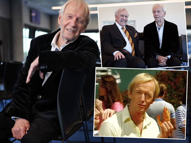 Paul Hogan, left, with JJ Brown at the launch of 'Brownie'. The pair worked together when Brown, as then-Minister for Tourism, oversaw the ''G'Day' campaign in which Hoges invited tourists to come to Australia, where he'd 'throw a shrimp on the barbie', bottom right. Pictures: Richard Dobson/Supplied