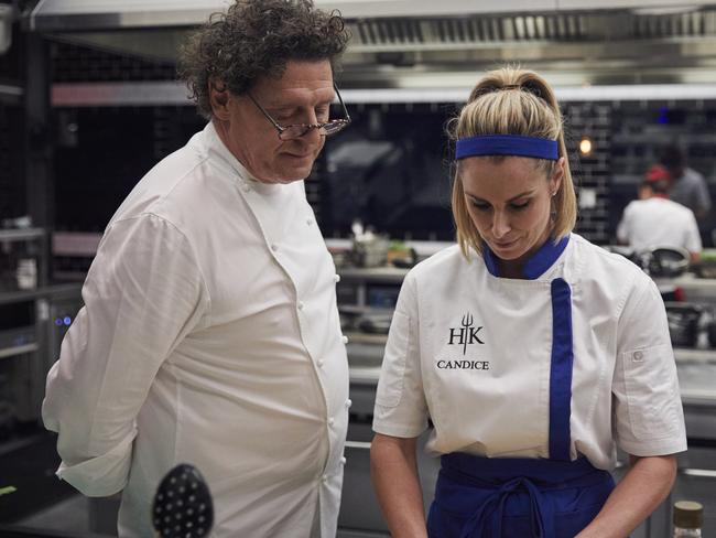 Marco Pierre White with Candice Falzon on the show, when she was struggling with cooking an egg. Picture: Supplied