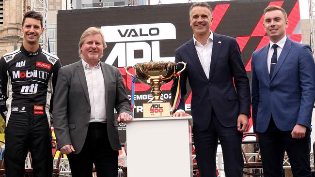 from left: V8 driver Nick Percat, Motor Sport Board chief executive Mark Warren, Premier Peter Malinauskas and Aaron Hickmann at the Adelaide 500’s official launch in Victoria Square in 2022. Picture: NCA NewsWire / Kelly Barnes