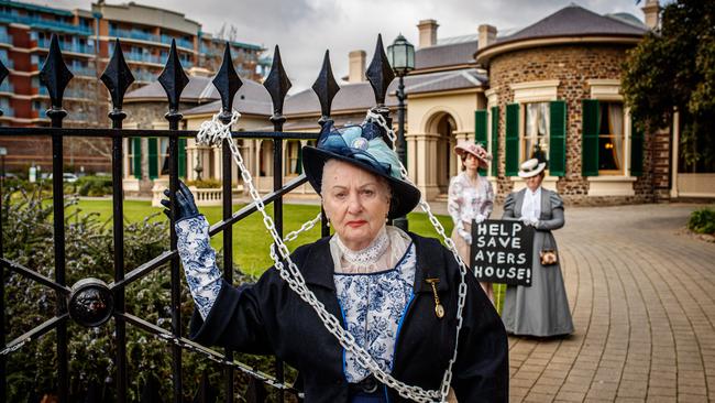 National Trust costume curators Sandy Whitelaw, Kelly Pope and Kathryn Taylor outside Ayers House in July last year. Picture: Matt Turner