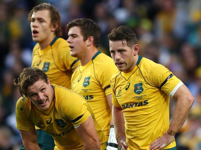 SYDNEY, AUSTRALIA - JUNE 17: Michael Hooper and Bernard Foley of the Wallabies look dejected during the International Test match between the Australian Wallabies and Scotland at Allianz Stadium on June 17, 2017 in Sydney, Australia.  (Photo by Cameron Spencer/Getty Images)