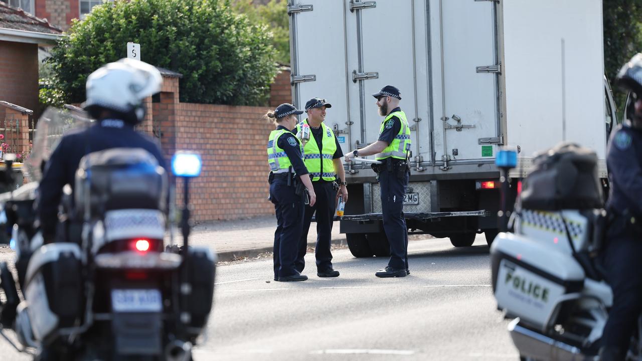 Police attend a vehicle accident on Kensington rd Marrackville in Adelaide that left two 16 year old school students seriously injured after being hit by a truck. Picture: David Mariuz