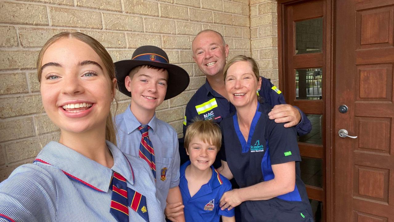 Mother-of-three Emily Day with her husband Ben and kids Lily, Charlie and Freddie on the first day of school. Picture: (supplied)