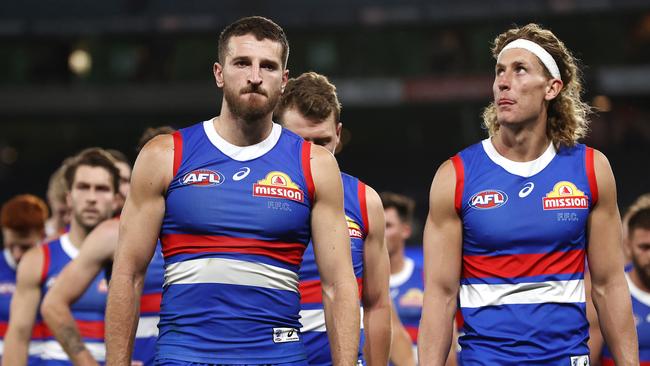 Bulldogs skipper Marcus Bontempelli leads his team off Marvel Stadium after tonights loss to St Kilda. Picture: Michael Klein