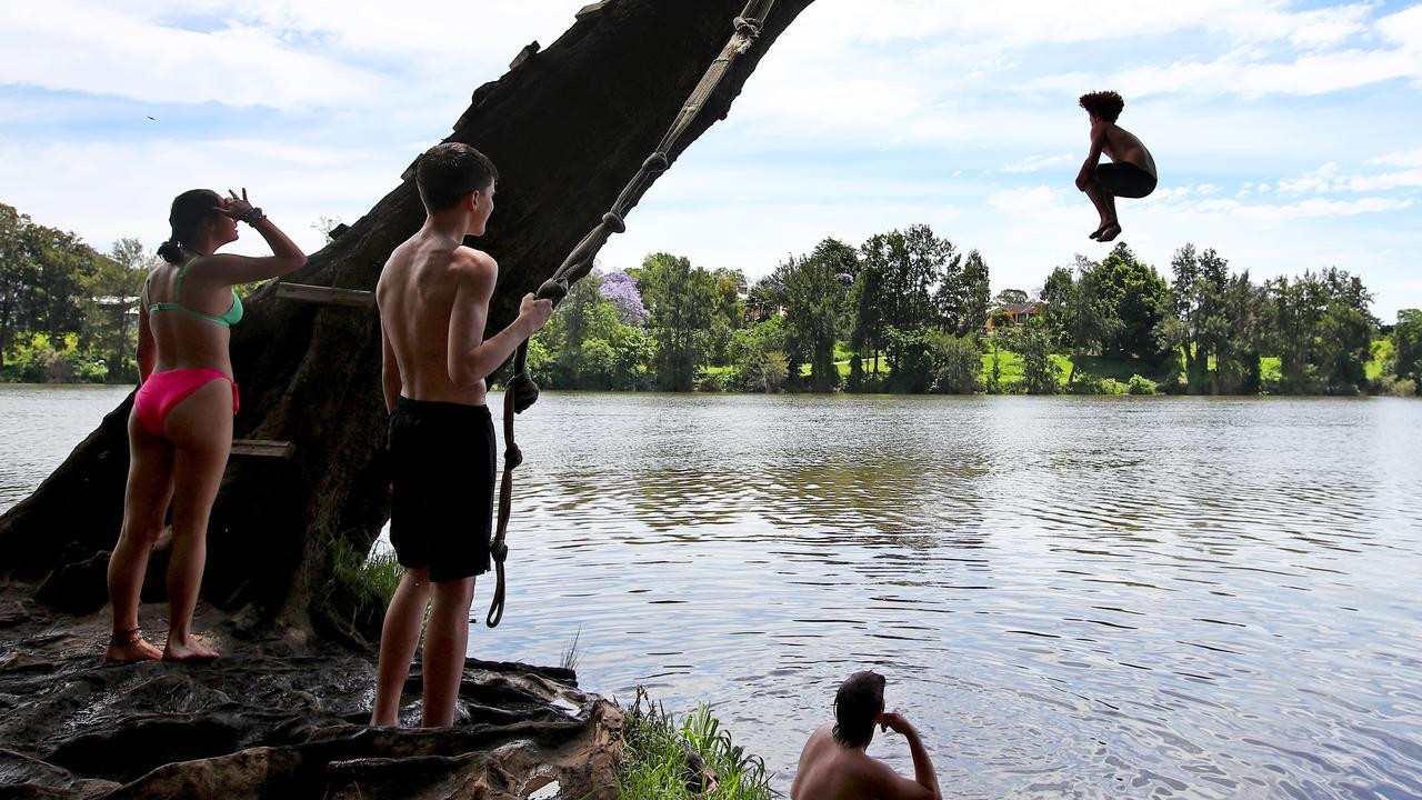 Kids cool down on a stretch of the Nepean River near Penrith. Picture: Toby Zerna