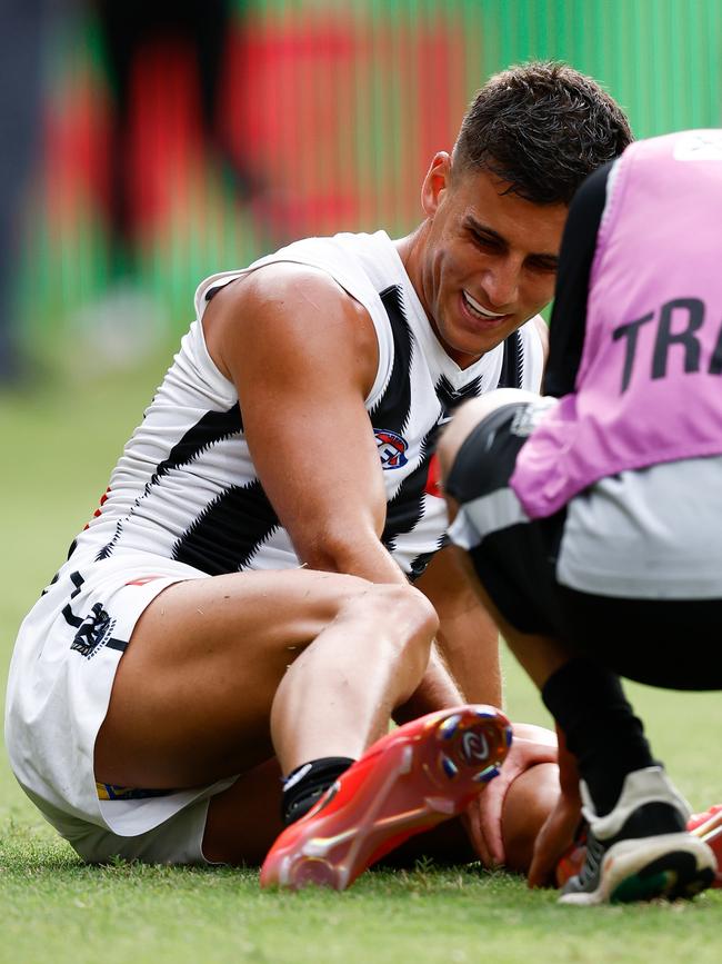 Nick Daicos of the Magpies cramping during the loss to GWS. (Photo by Michael Willson/AFL Photos via Getty Images)