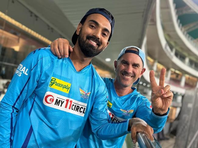 Justin Langer poses with Lucknow Super Giants captain KL Rahul on his first visit to the Ekana Stadium, his new home ground.