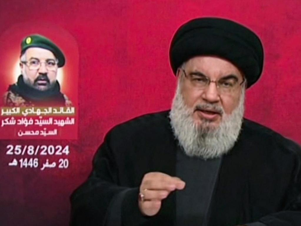 Lebanon's Hezbollah chief Hassan Nasrallah giving a televised address from an undisclosed location. Picture: AFP/ AL-MANAR