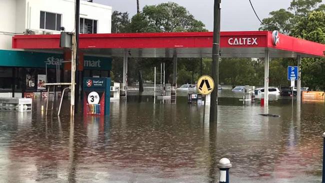 A flooded Caltex service station in Lismore, NSW. Picture: Chris Kitchener.