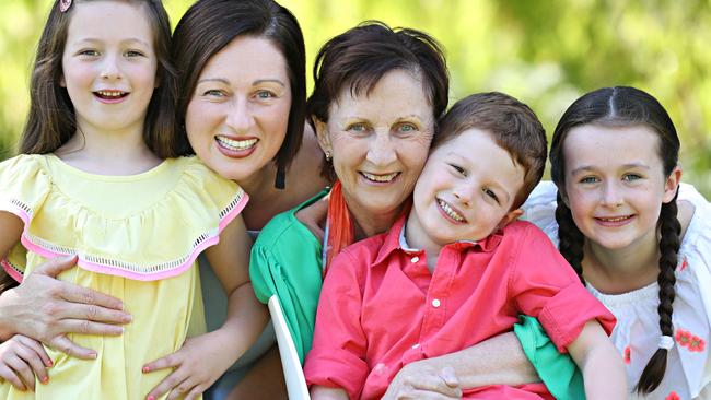 Kelly James with her mother Linda Lobwein and her children Abbey, 6, Patrick, 4, and Charlotte, 7. Picture: Annette Dew