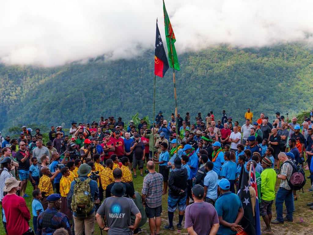 Australia's Prime Minister Anthony Albanese and Papua New Guinea Prime Minister James Marape walk along the Kokoda Track at Kokoda Village in Papua New Guinea on April 24, 2024. Prime Minister Anthony Albanese slips over. Picture: NCA NewsWire via the Australian Prime Minister’s Office