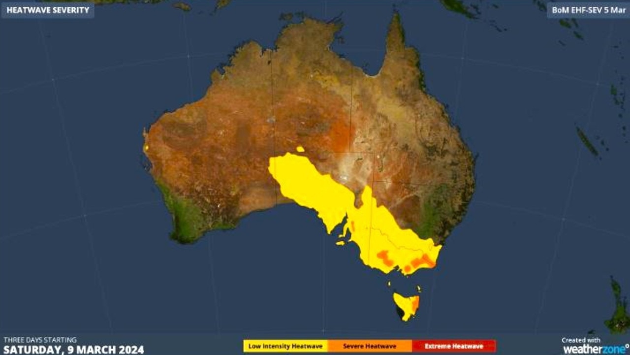 Four states and the ACT are affected by the heatwave conditions. Picture: Weatherzone.