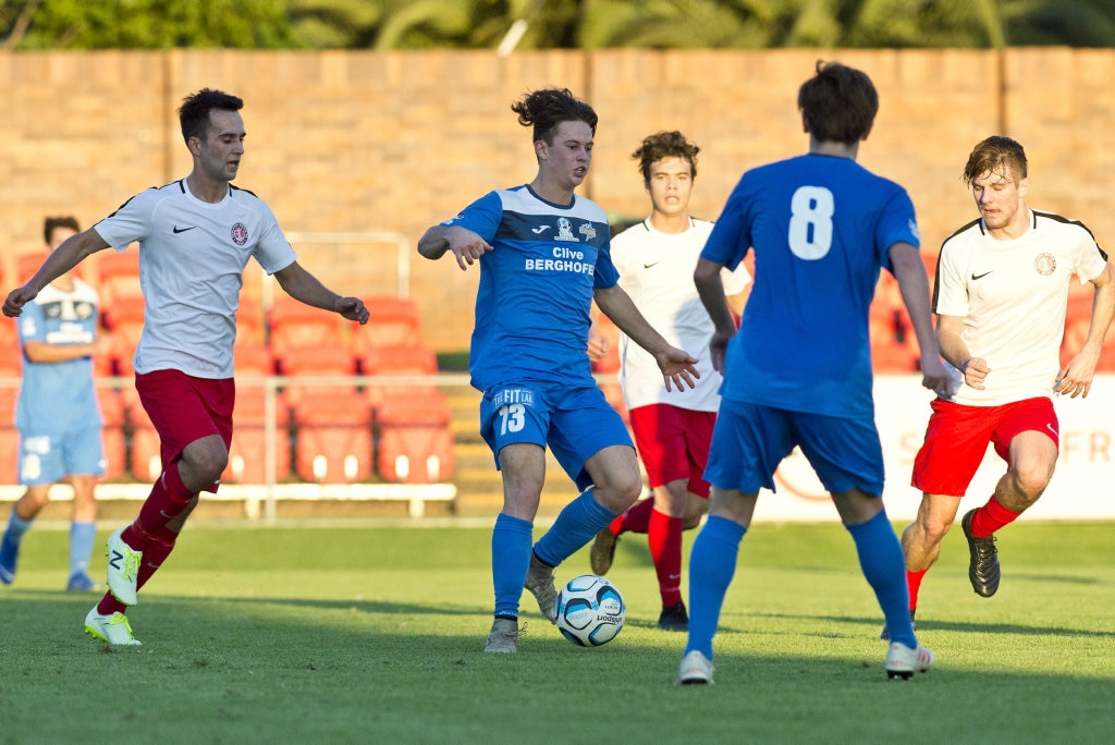 Lathan Dunn for South West Queensland Thunder against Redlands United in NPL Queensland men round eight football at Clive Berghofer Stadium, Saturday, March 23, 2019. Picture: Kevin Farmer