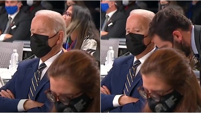 US President Joe Biden appeared to fall asleep for 30 seconds before an aide came over to whisper into his ear. Picture: Washington Post