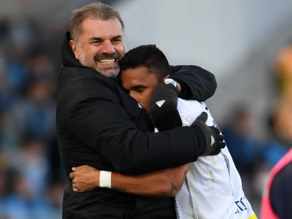 Yokohama F.Marinos head coach Ange Postecoglou celebrates as Erik scores a goal against Kawasaki Frontale. Picture: Getty Images