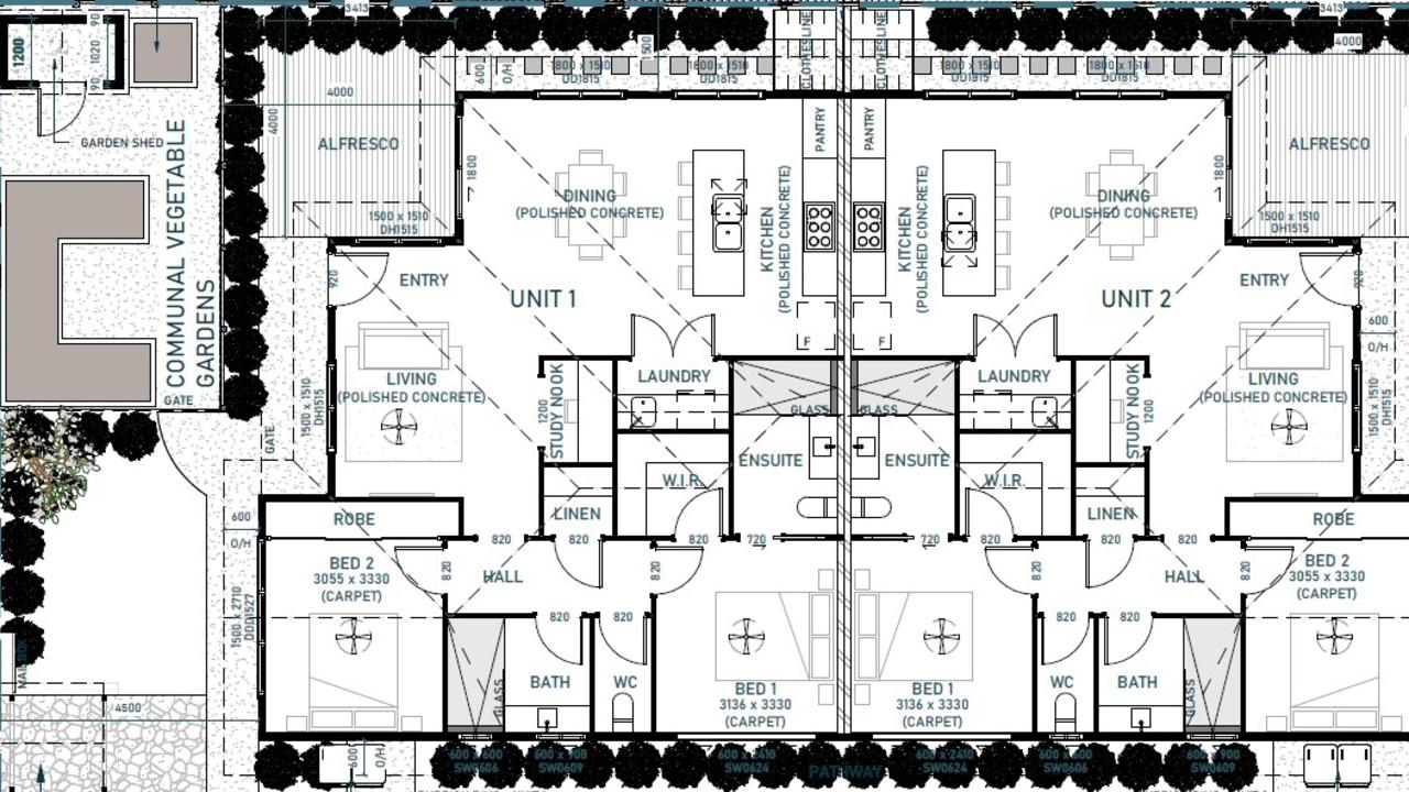 Layouts for four new smart units on Haig Street in South Toowoomba, which will feature a communal vegetable garden, solar power hooked to a battery, extra insulation and a number of energy-efficient design features. Architecture by Lockhart Drafting and Design.