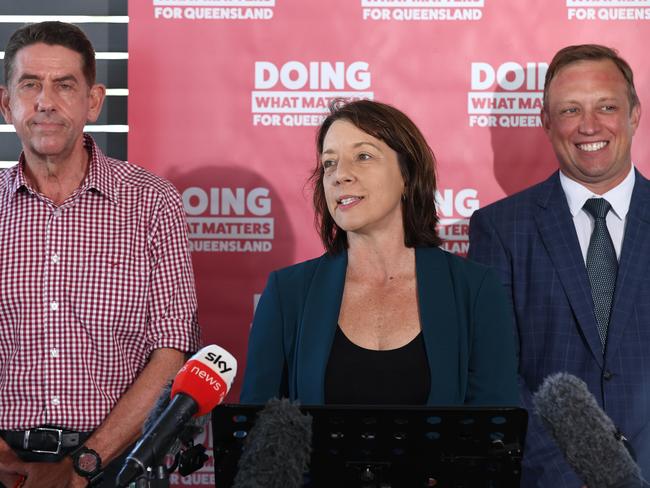 Steven Miles (right) and deputy Cameron Dick with Labor candidate for Mackay Belinda Hassan. Picture: Adam Head