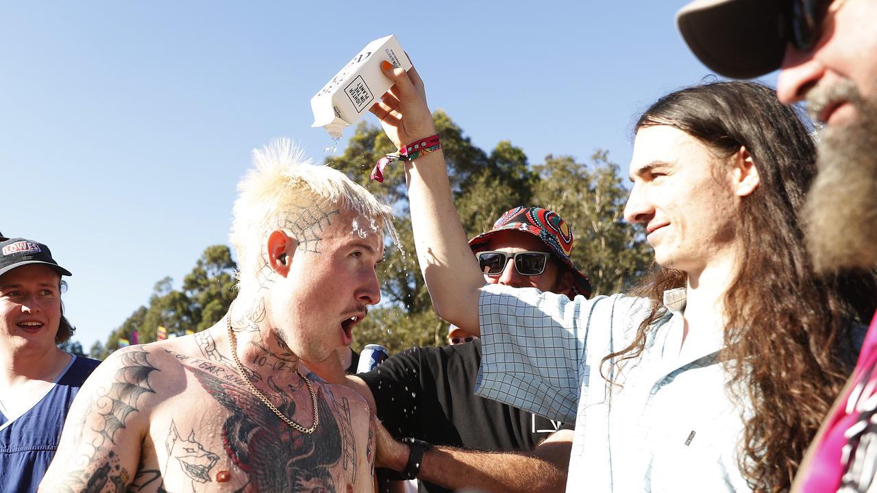 Laurie Vincent of Slaves runs through the crowd at the Amphitheatre stage during Splendour In The Grass. (Photo by Mark Metcalfe/Getty Images)