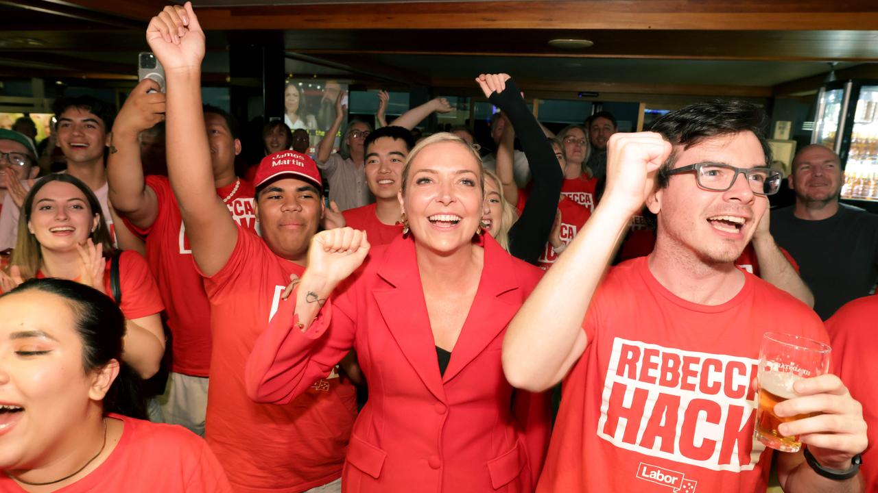 Labor’s Rebecca Hack (centre) with supports on election night. Picture: Steve Pohlner