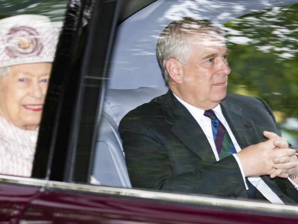 Queen Elizabeth II and Prince Andrew following church on August 11, 2019 in Aberdeenshire. The Palace has denied Andrew’s involvement in Jeffrey Epstein’s paedophile ring. Picture: Getty Images