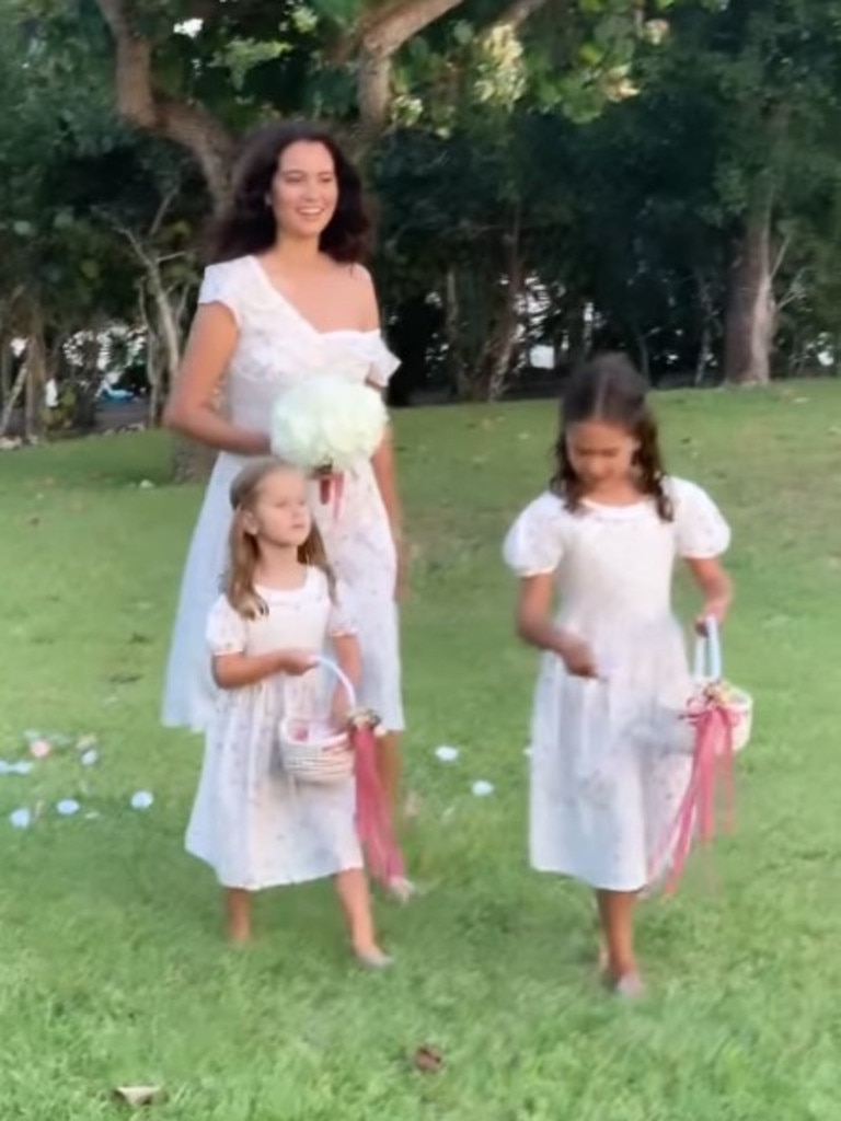 Emma Heming was walked down the garden aisle by the couple’s daughters, Mabel and Evelyn. Picture: Instagram/Emma Heming