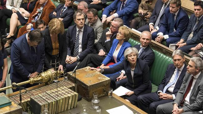 Theresa May, looks on as MPs announce that she has lost the vote. Picture; AP.