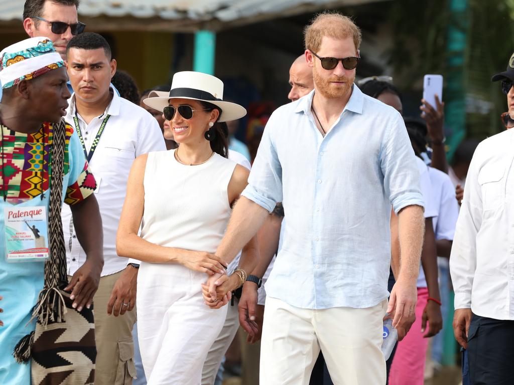 Prince Harry, Duke of Sussex and Meghan, Duchess of Sussex are seen in the streets of San Basilio de Palenque during a visit in Cartagena, Colombia. Picture: Vizzor Image/Getty Images