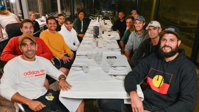 Crows and Power indigenous stars Eddie Betts, Tobin Cox, Steven Motlop, Tyson Stengle, Karl Amon, Ben Davis, Cam Ellis-Yolmen, Sam Powell-Pepper, Aidyn Johnson, Jarrod Lienert, Joel Garner and Paddy Ryder dine at La Vita on Grange Road to kick-off the AFL's indigenous round on Monday night. Picture: AAP/Brenton Edwards