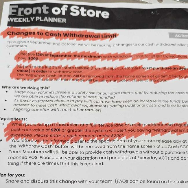 The weekly planner document sent to Woolworths staff. Picture: Reddit