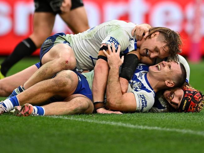 Connor Tracey celebrates a try against Brisbane. Picture: Albert Perez/Getty Images